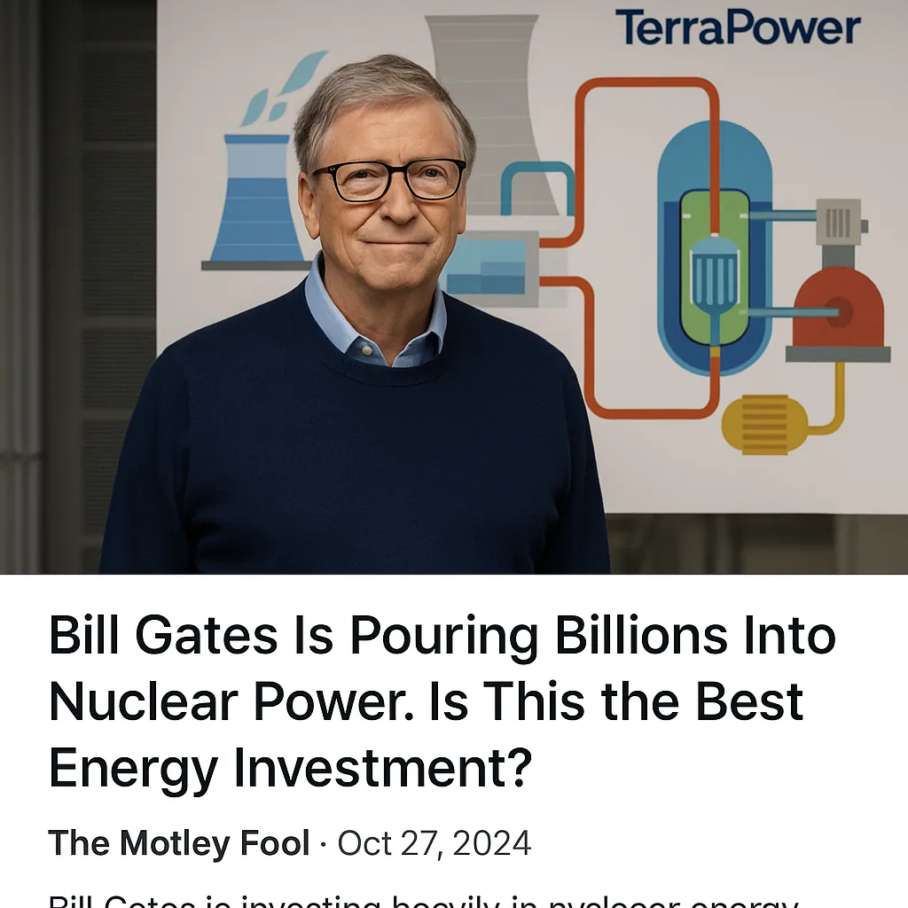 A Motley Fool article card in Google Discover: Bill Gates Is Pouring Billions Into Nuclear Power. Is This the Best Energy Investment?
