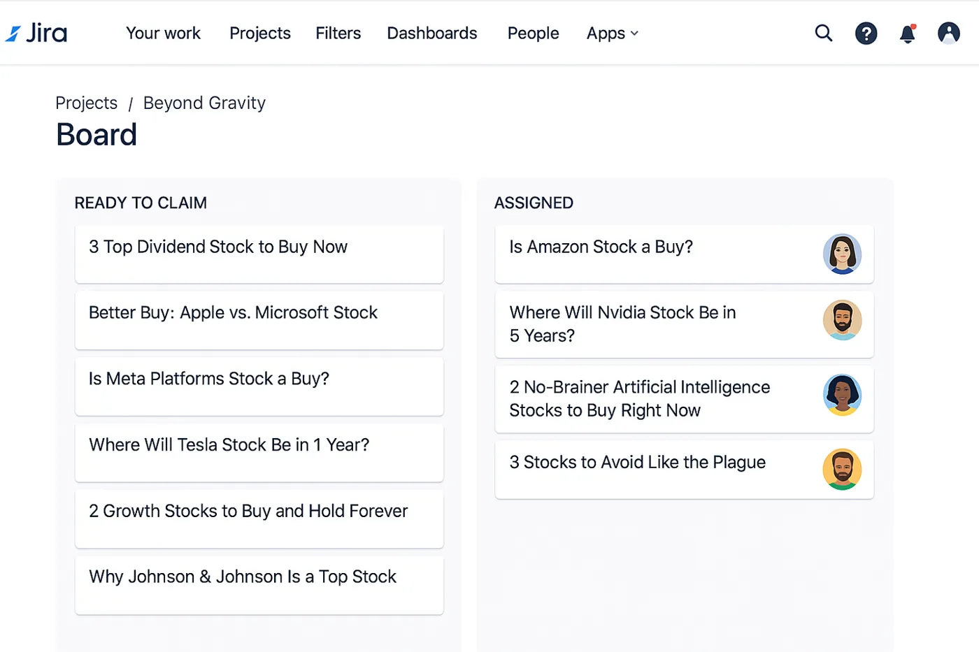 The new Jira Kanban board, with Repeatables headlines in Ready to Claim and Assigned columns